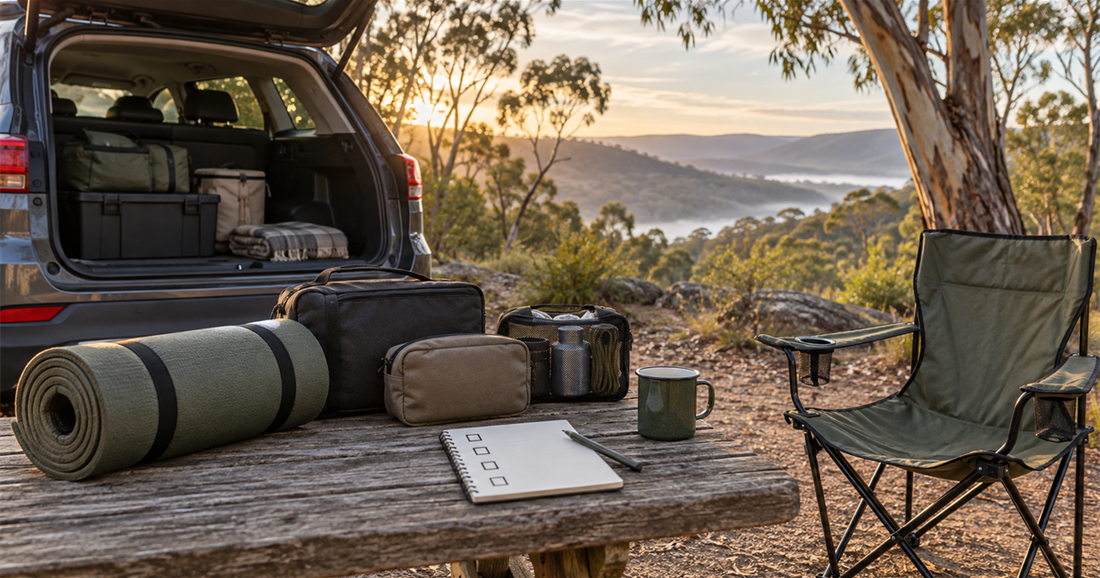 Open car boot with a sleeping mat, camping chair, storage gear and a four-item checklist at an Australian bush campsite.