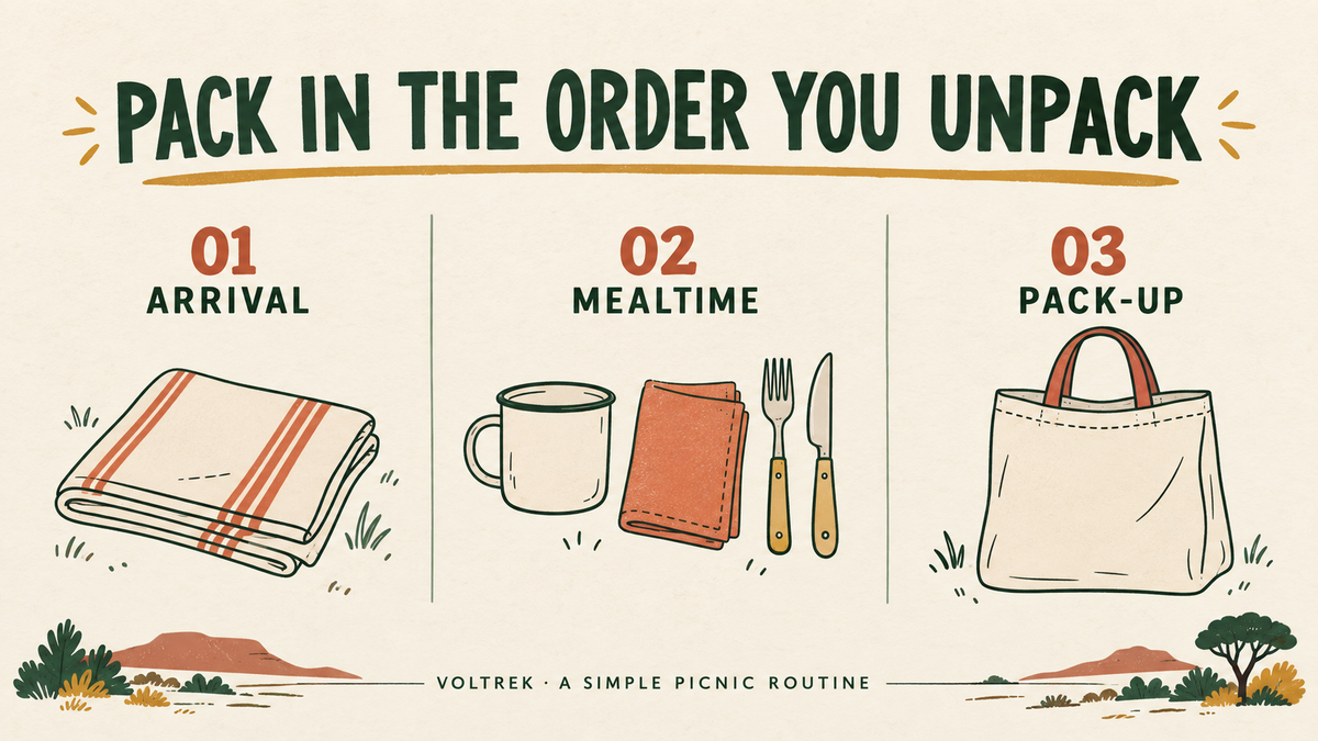 Illustrated picnic packing planner with three labelled stages: arrival, mealtime and pack-up.