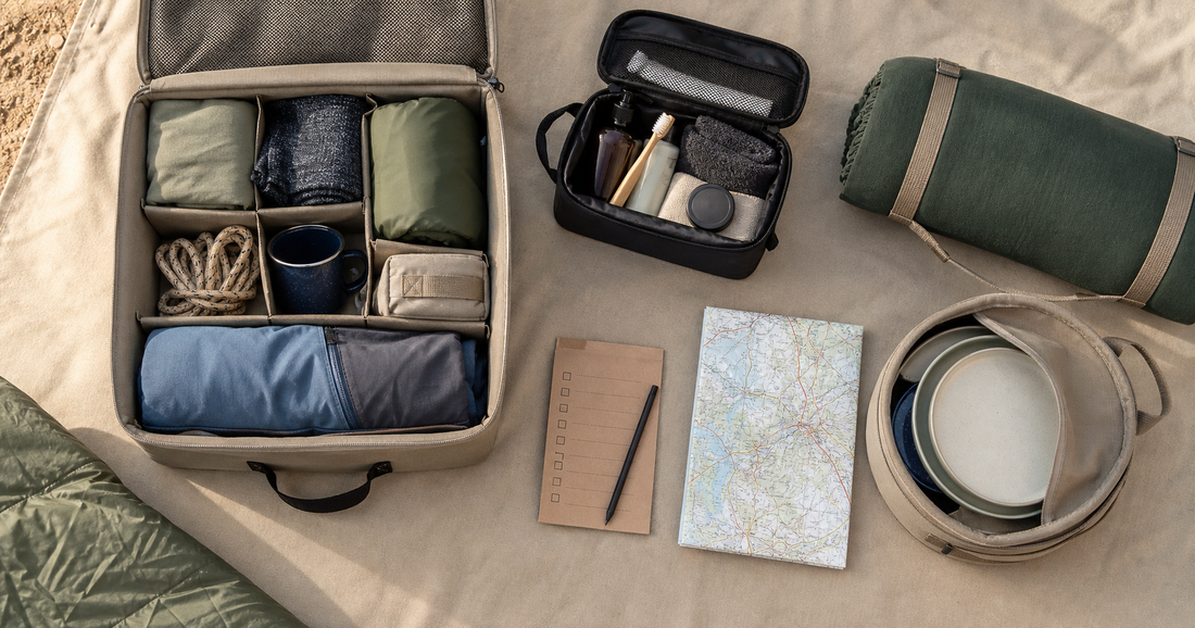 Organised camping storage, toiletry bag, picnic mat and tableware for weekend trip packing