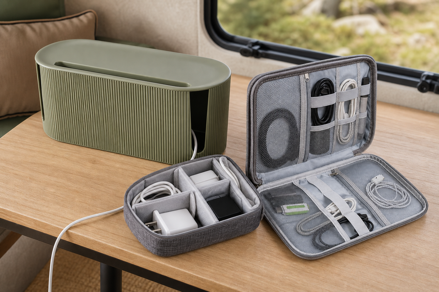Off-grid cable storage and organisation accessories