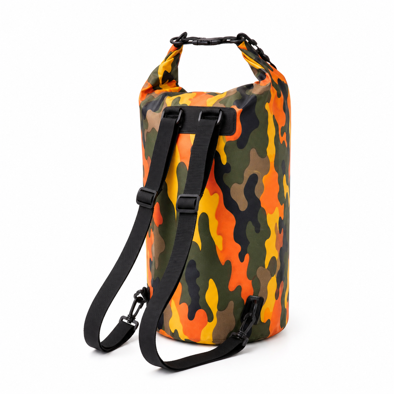 Orange camouflage 20L roll-top storage bag with dual shoulder straps