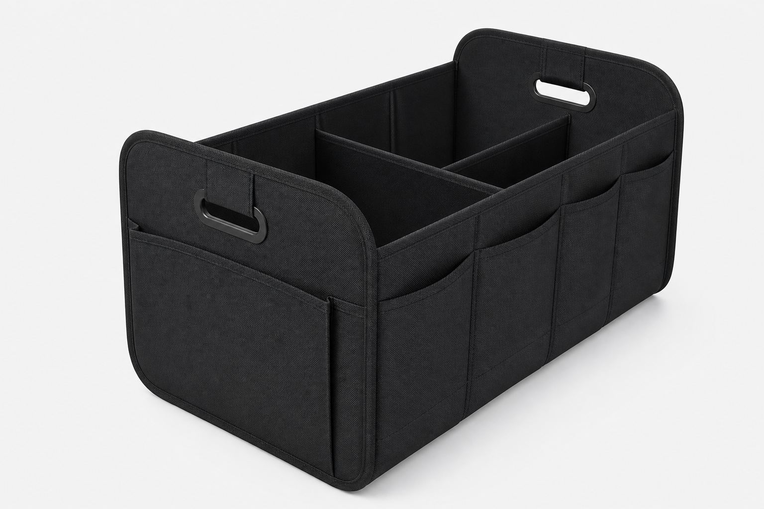 Black foldable 3-in-1 vehicle storage organiser with divided interior and exterior pockets