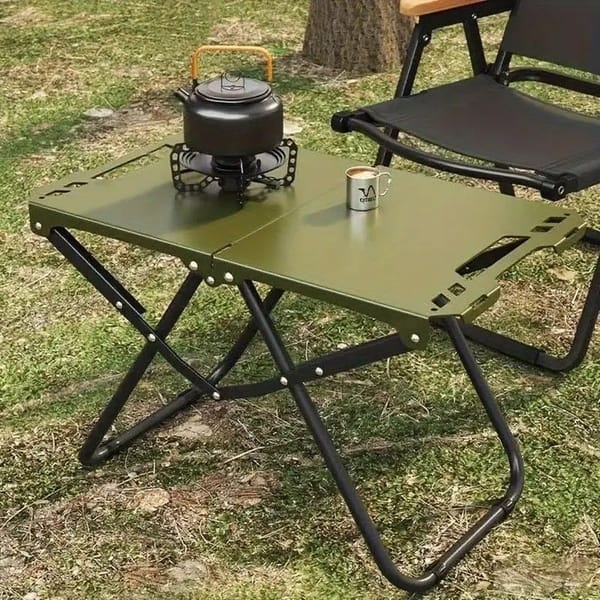 Black folding camping table detail