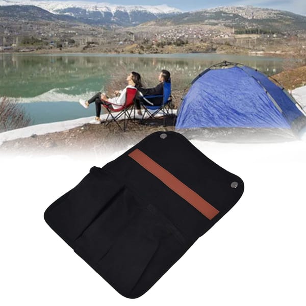 Black camping chair armrest storage bag