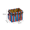Red, blue and white striped foldable camping gear storage box, front view