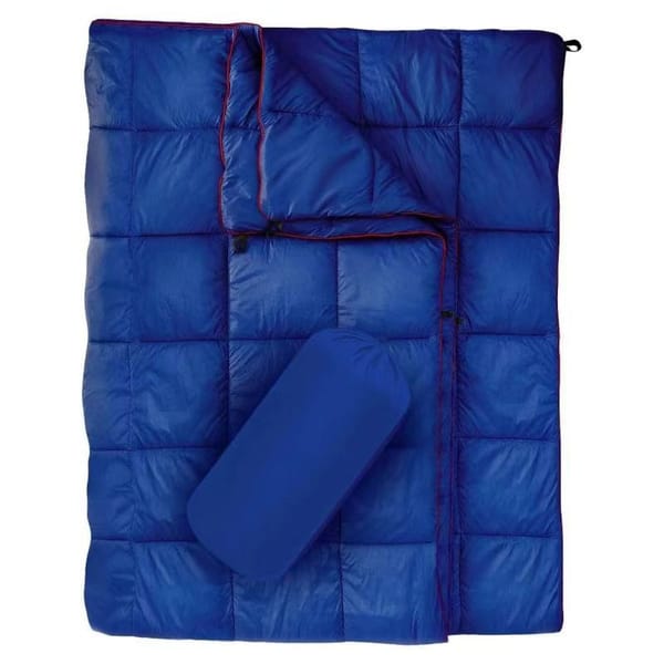 Blue camping blanket with storage bag