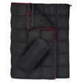 Black wearable camping blanket with storage bag, product view