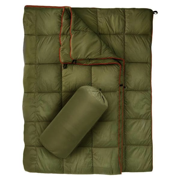 Green camping blanket with storage bag