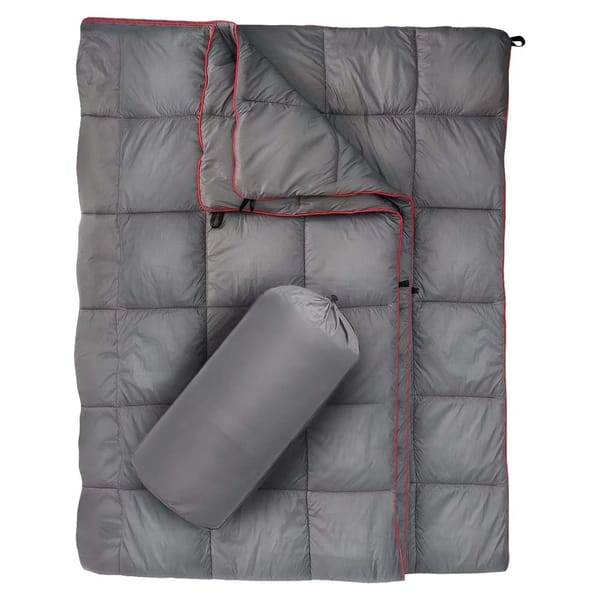 Grey camping blanket with storage bag
