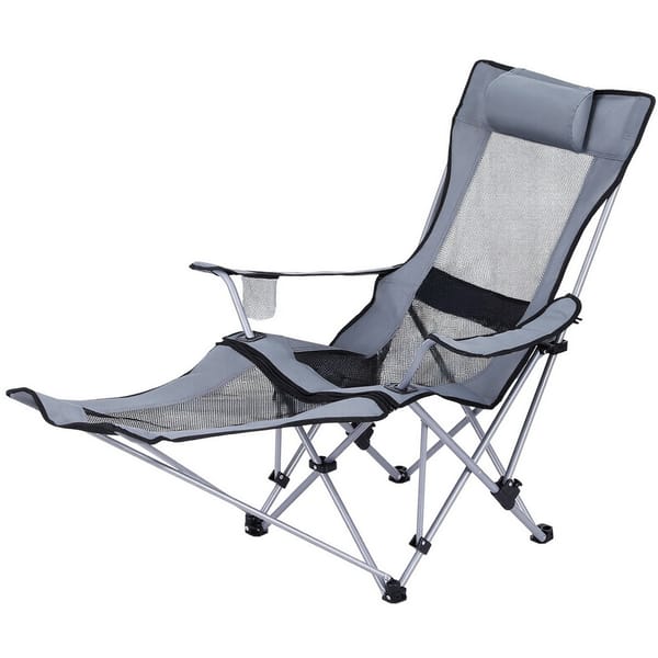 Foldable grey reclining camping chair detail
