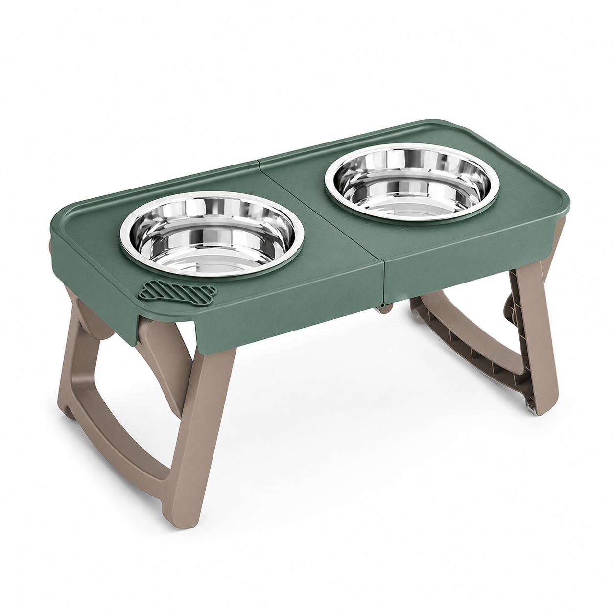 Green folding raised pet feeding stand with two stainless-steel bowls