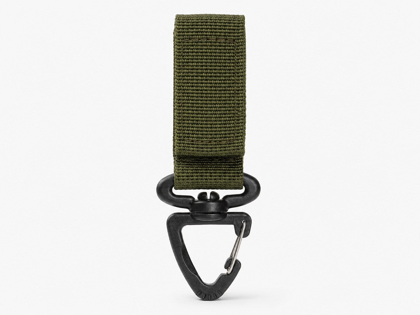 Olive green webbing hook with black swivel and light-duty spring gate