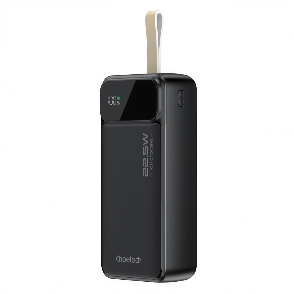 CHOETECH 30000mAh USB-C power bank, upright with carry strap, printed branding and digital display
