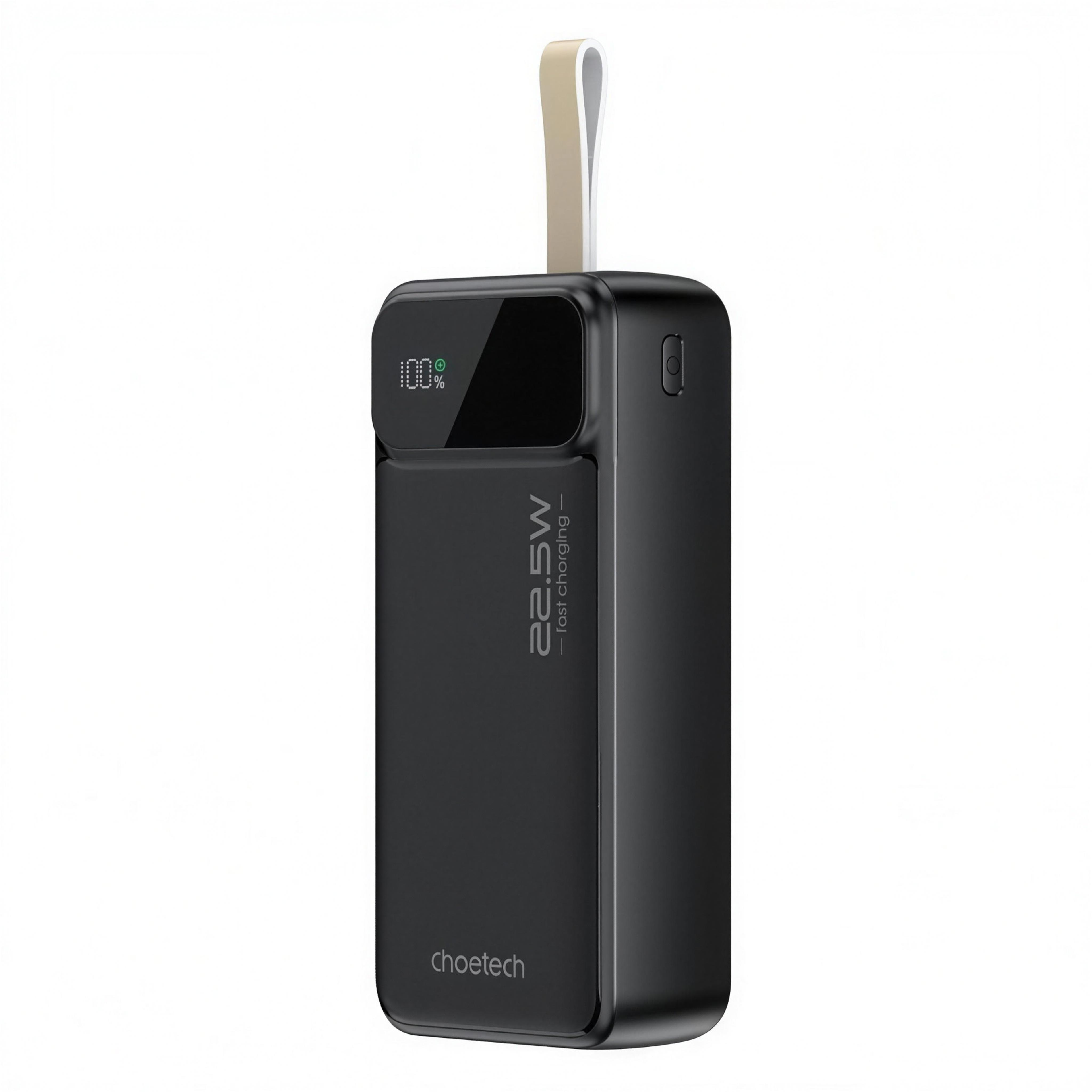 CHOETECH 30000mAh USB-C power bank, upright with carry strap, printed branding and digital display