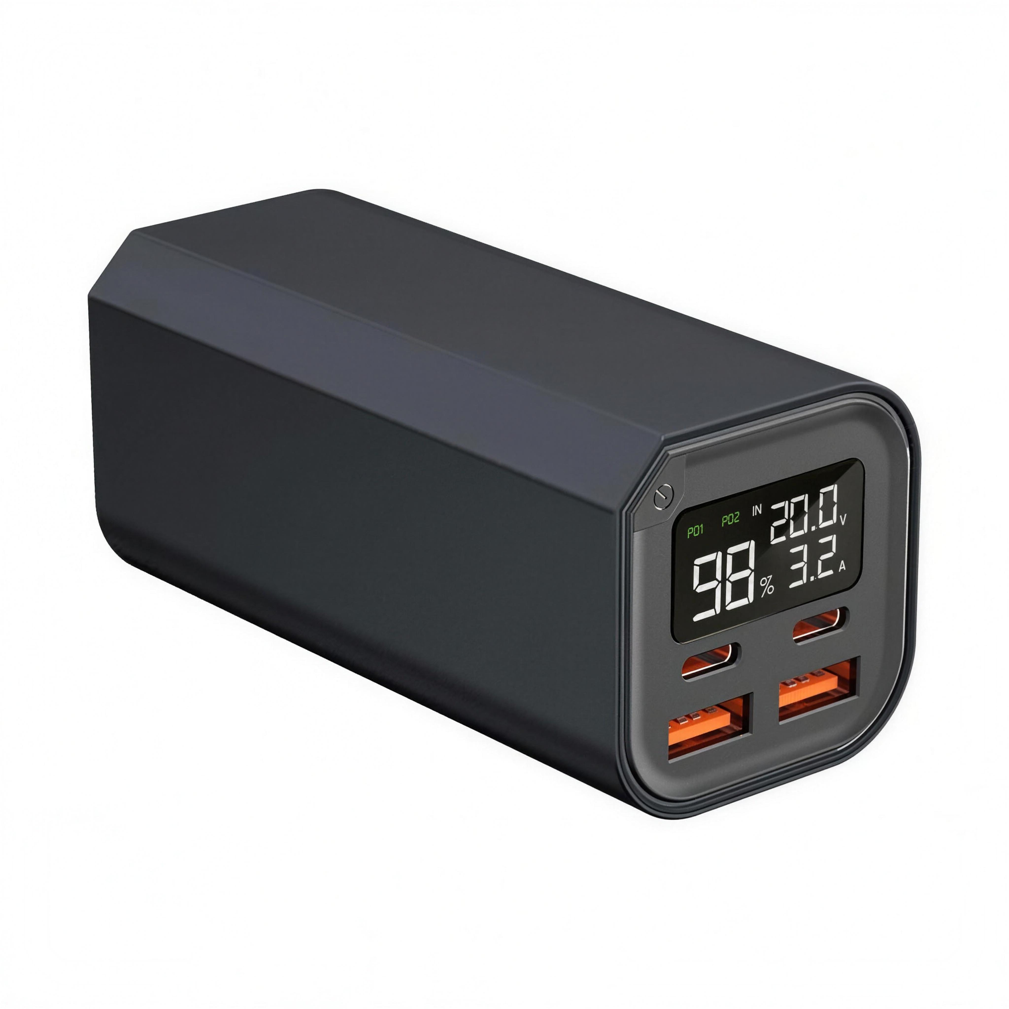 Laser 20000mAh 100W USB-C power bank, front panel with digital display and ports