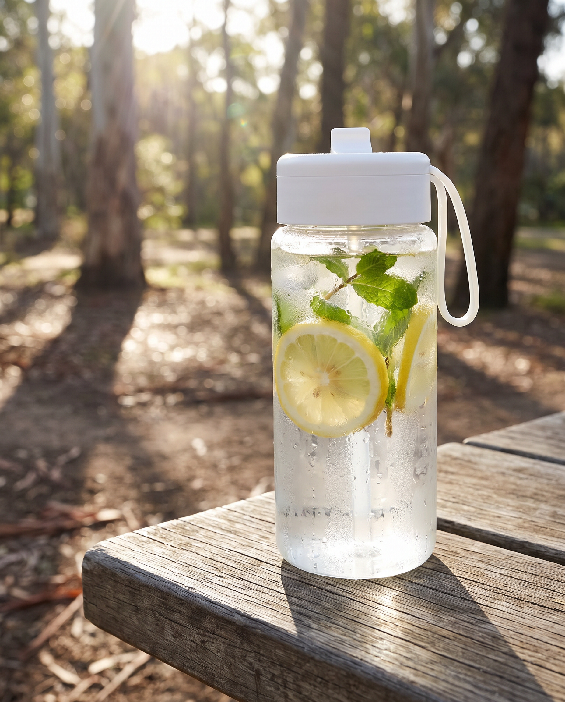 600ml clear drink cup with white lid filled with iced water, lemon and mint on a campsite picnic table
