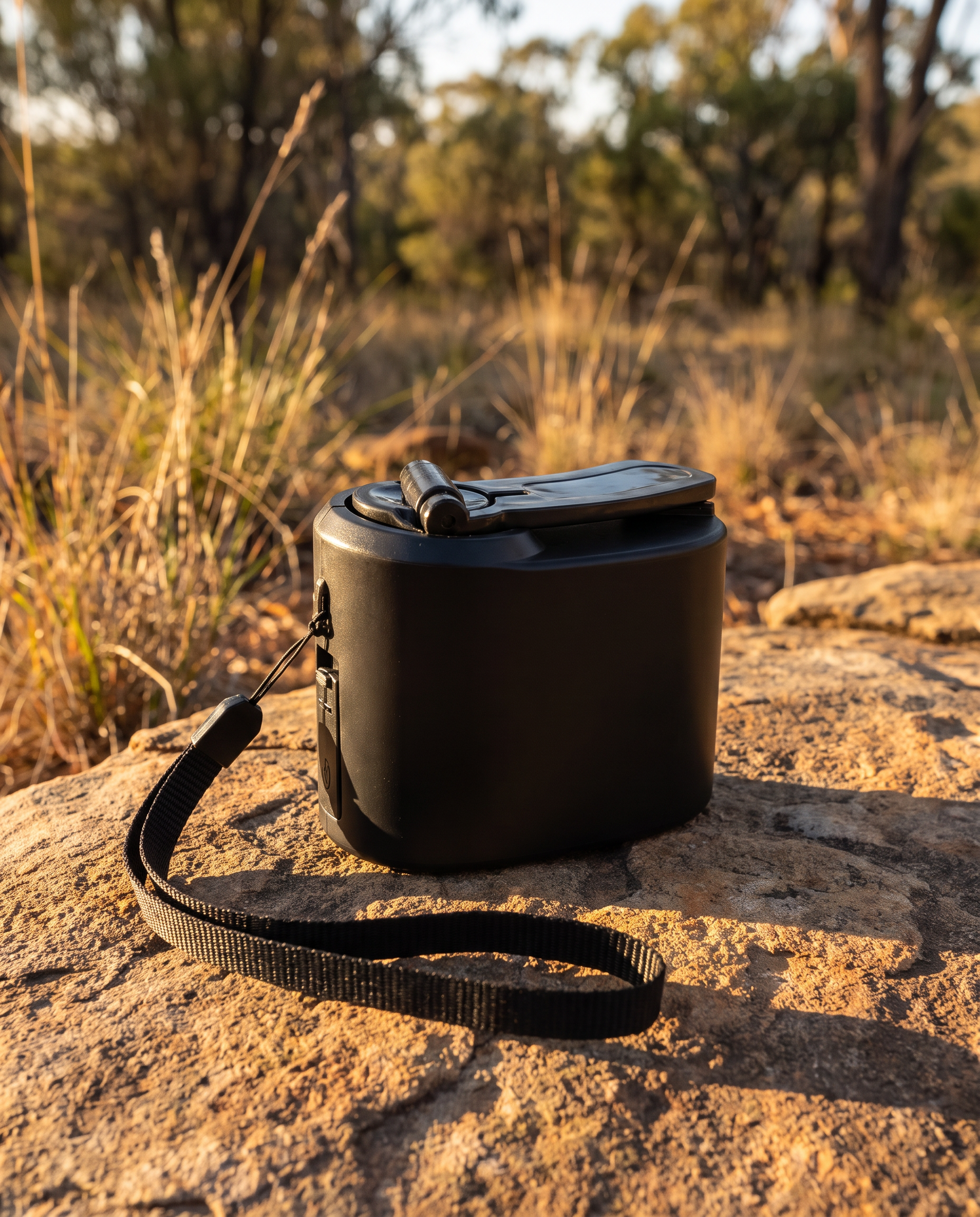 Black manual hand-crank USB charger on a flat rock at an Australian campsite at golden hour
