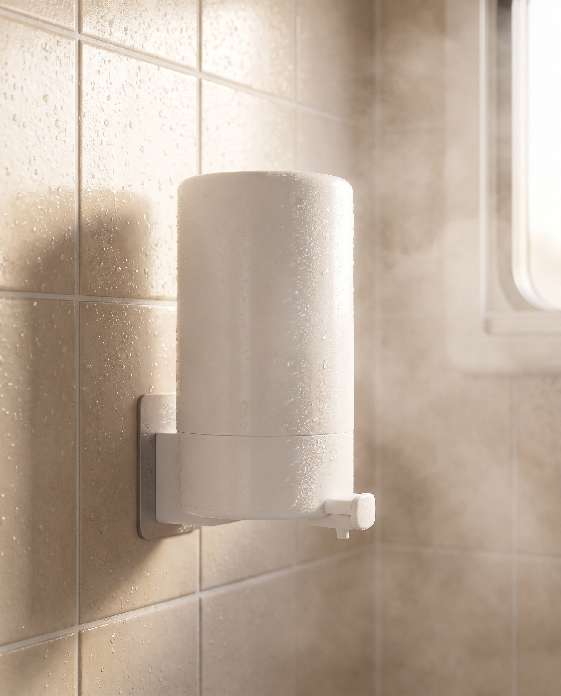 White push-soap dispenser box mounted on a tiled caravan ensuite wall