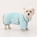 Small dog wearing blue XS pet drying towel bathrobe