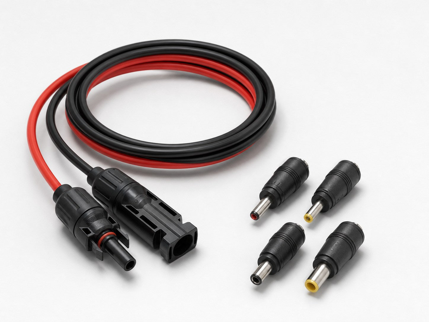 Solar connector cable kit with MC4-style connectors and four DC adapter tips