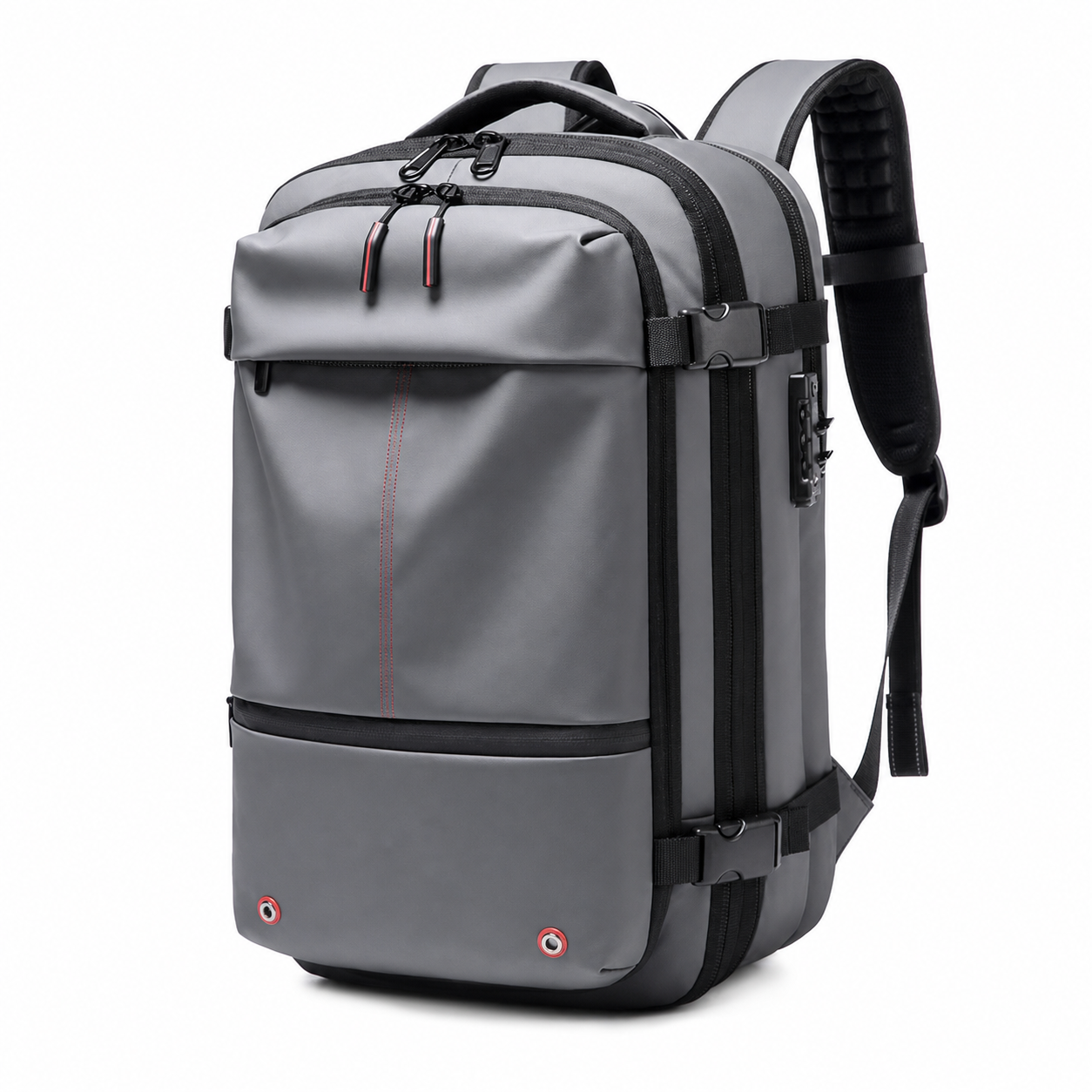 Light gray travel compression backpack with black trim and side compression buckles