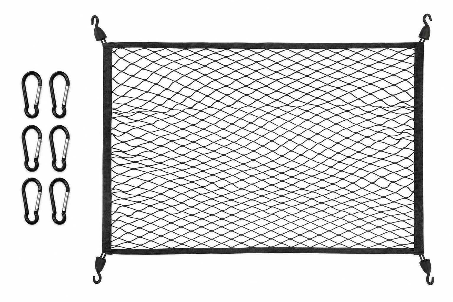 Black 80 x 60cm elastic vehicle boot storage net with hooks and six carabiners