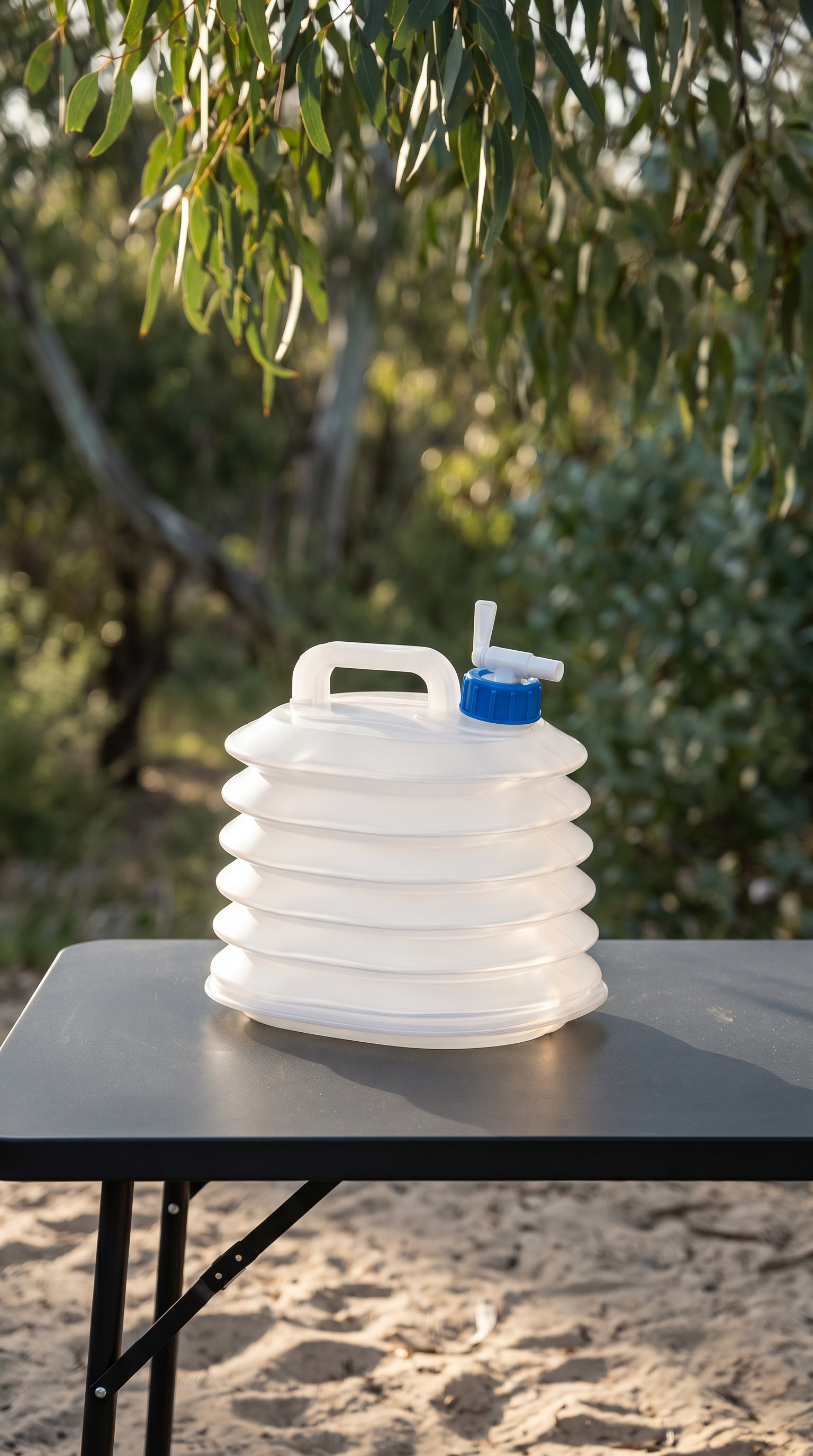 10L collapsible camping water bag on a campsite table